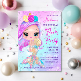 Sjöjungfru Glitter Bassäng Party, födelsedag Inbjudningar