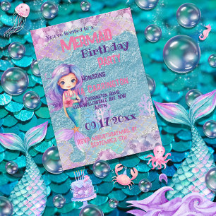 Sjöjungfru Glitter Rosa Lila Flick kalas Inbjudningar