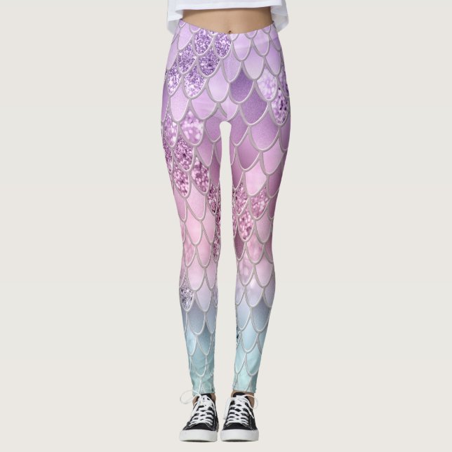 Sjöjungfru Glitter Scales #2a (Faux Glitter) #shin Leggings (Framsida)