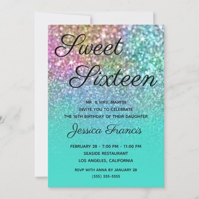 Sjöjungfru Glitter Turquise Ombre Sweet sixteen Inbjudningar (Framsida)