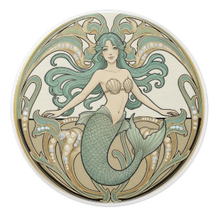 Sjöjungfru Grön Kräm & Guld Art Nouveau Hav Ocean Knopp