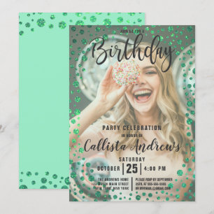 Sjöjungfru Grönt Glitter Konfetti Fotofödelsedag Inbjudningar