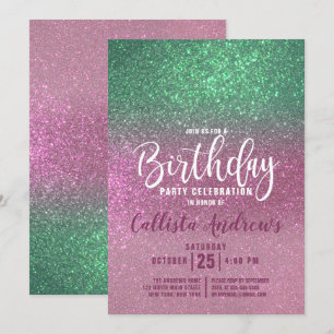 Sjöjungfru Grönt Rosa Triple Glitter Ombre Birthda Inbjudningar