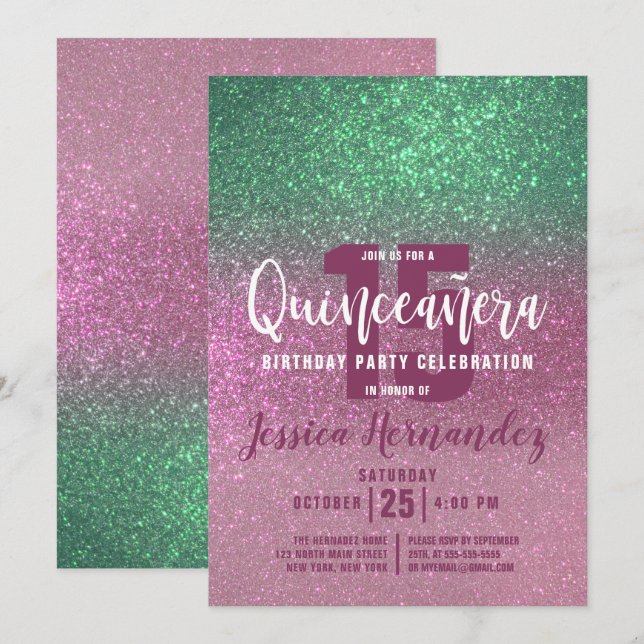 Sjöjungfru Grönt Rosa Triple Glitter Quinceañera Inbjudningar (Fram/baksida)