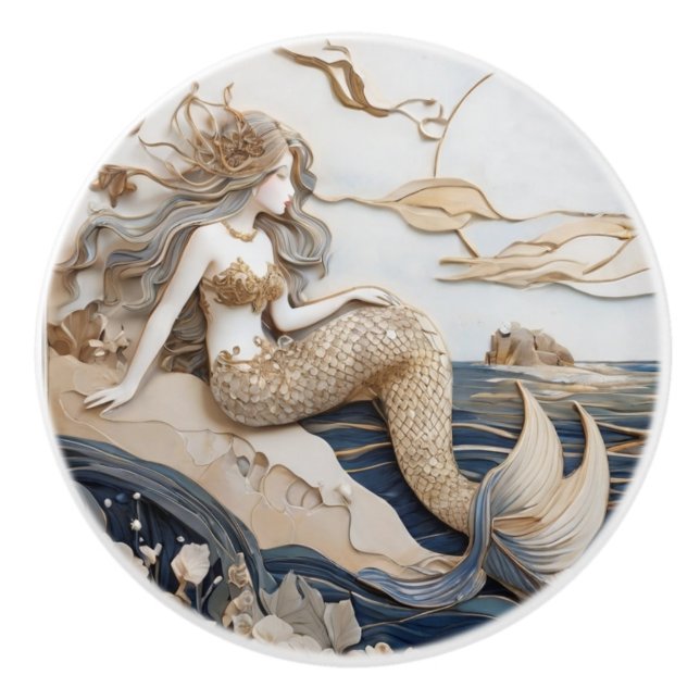 Sjöjungfru Höger Facing Faux Relief Japansk konst Knopp (Framsidan)