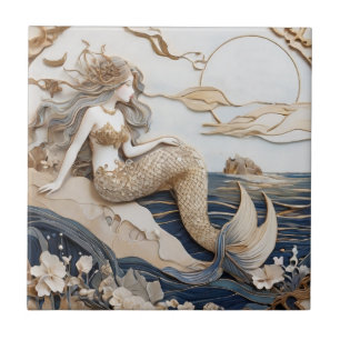 Sjöjungfru Höger Sided Faux Relief Japansk konst Kakelplatta