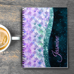 Sjöjungfru hud teal silver falskt glitter monogram anteckningsbok