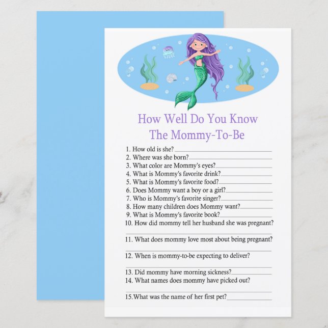 Sjöjungfru Hur väl känner du till babyduschspel? (Fram/baksida)