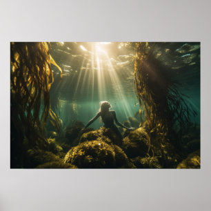 Sjöjungfru i en kelp-skog poster