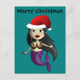 Sjöjungfru i Santa Hat och julgranar Helg Vykort