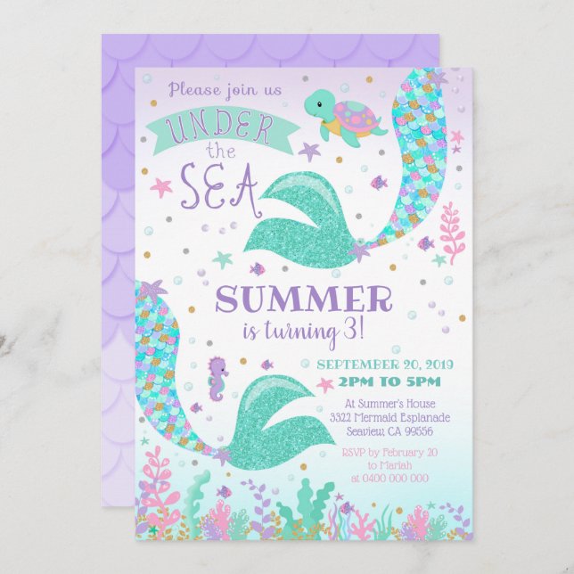 Sjöjungfru-inbjudan, flicka under havet-inbjudan inbjudningar (Fram/baksida)