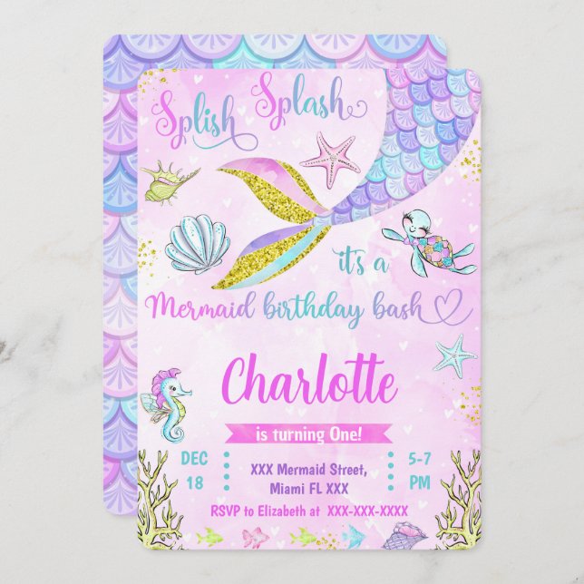 Sjöjungfru-inbjudan Inbjudningar (Fram/baksida)