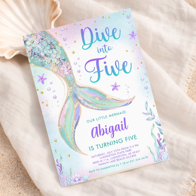 Sjöjungfru inbjudan till 5-års födelsedagsfest (Dive into Five - Mermaid 5th Birthday Party Invite - Girls  Pastel Mermaid Tail Invite)