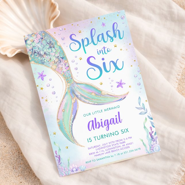 Sjöjungfru inbjudan till 6-års födelsedagsfest (Splash into Six - Mermaid 6th Birthday Party Invite - Pastel Mermaid Tail)