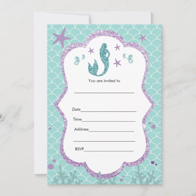 Sjöjungfru inbjudan utfyllnad lila teal glitter (Framsida)