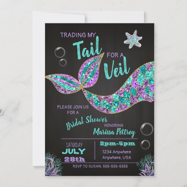 Sjöjungfru Inbjudningskort för möhippan, glitter (Framsida)