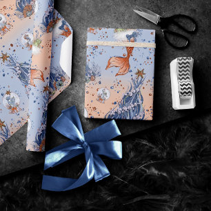 Sjöjungfru jul Lager och Träd Blue Orange Presentpapper