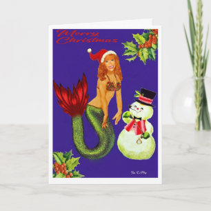 Sjöjungfru julkort med Santa Hat och Snögubbe Kort