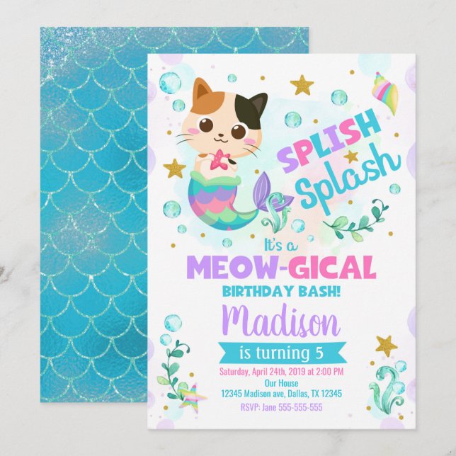 Sjöjungfru Kat Birthday bjudande, Kitten Bassäng P Inbjudningar (Fram/baksida)