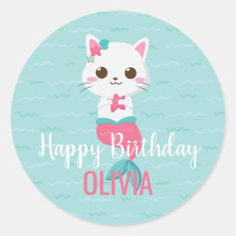 Sjöjungfru Kattunge Födelsedagsfest Runt Klistermärke