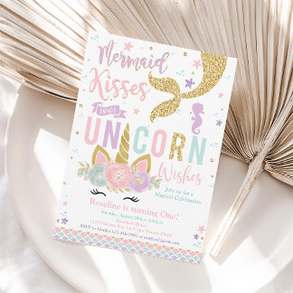 Sjöjungfru kisses och Unicorn Önskemål födelsedag Inbjudningar