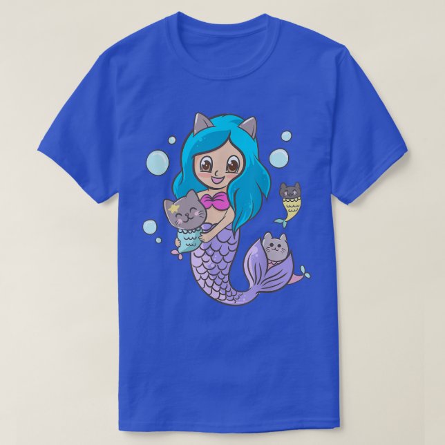 Sjöjungfru Kitten Cats Cute Kawaii Anime Japanska T Shirt (Design framsida)