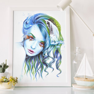 Sjöjungfru kvinna Surrealistisk fantasikonst portr Poster