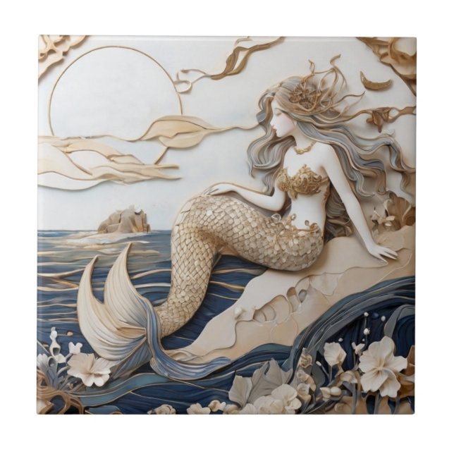 Sjöjungfru Lämnat Faux Relief Japansk konst Kakelplatta (Framsidan)