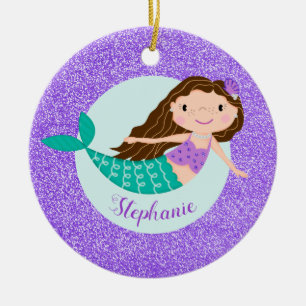 Sjöjungfru Lila Glitter Personlig Namn Julgransprydnad Keramik