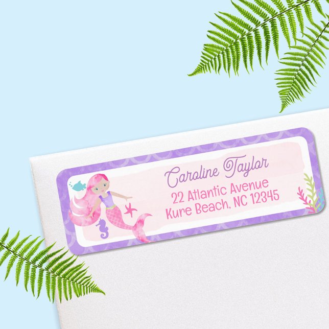 Sjöjungfru Lila Rosa Vattenfärgsbabyskor för  Returadress Etikett (Skapare uppladdad)