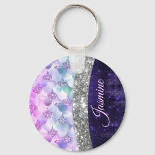 Sjöjungfru lila silver faux glitter monogram nyckelring