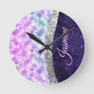 Sjöjungfru lila silver faux glitter monogram rund klocka
