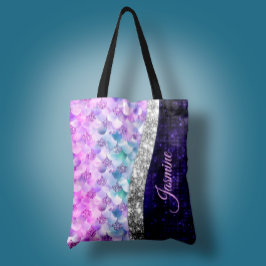 Sjöjungfru lila silver faux glitter monogram tygkasse