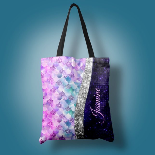 Sjöjungfru lila silver faux glitter monogram tygkasse (Skapare uppladdad)