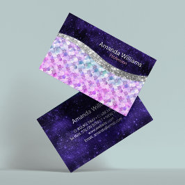 Sjöjungfru lila silver faux glitter monogram visitkort
