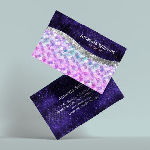 Sjöjungfru lila silver faux glitter monogram visitkort