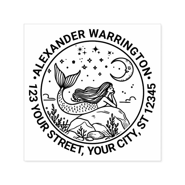 Sjöjungfru Ljugande på Sten Måne Namn Returadress Självfärgande Stämpel (Design)