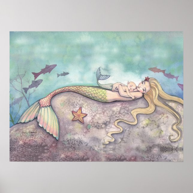 Sjöjungfru Lullaby Mor och Baby Watercolor Print Poster (Framsidan)