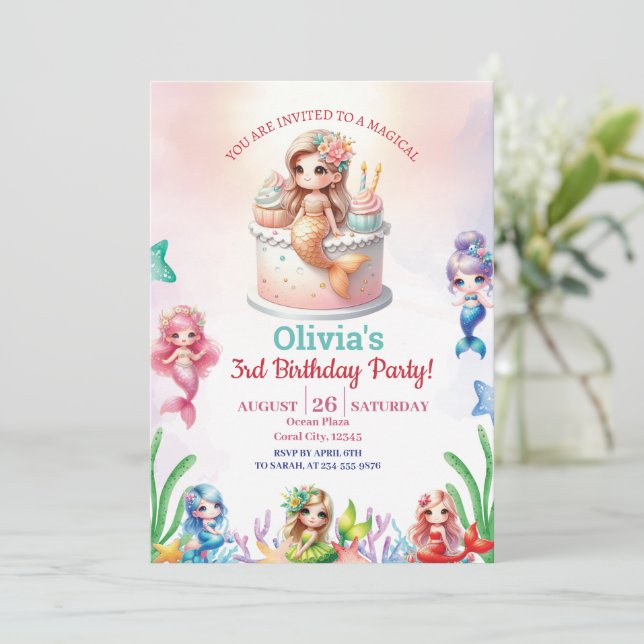 Sjöjungfru Magic 3rd Birthday Party Girl Inbjudningar (Stående Fram)