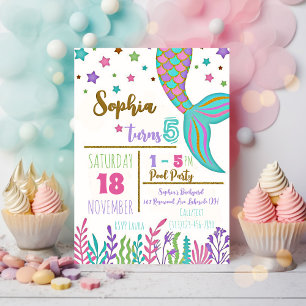 Sjöjungfru Magic Birthday Bassäng Party-inbjudan Inbjudningar
