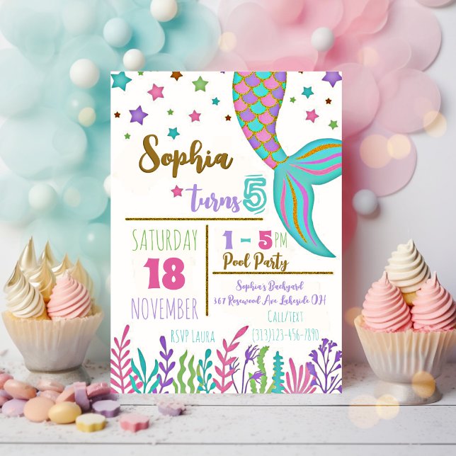 Sjöjungfru Magic Birthday Bassäng Party-inbjudan Inbjudningar (Skapare uppladdad)