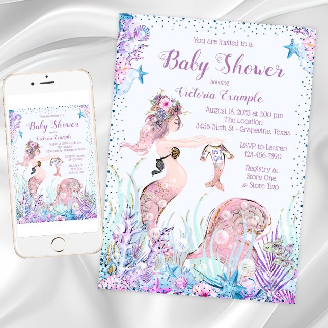 Sjöjungfru Mamma Baby Shower Inbjudningar (Pretty Mermom baby shower invitation. Instant download and printed invitations available.)
