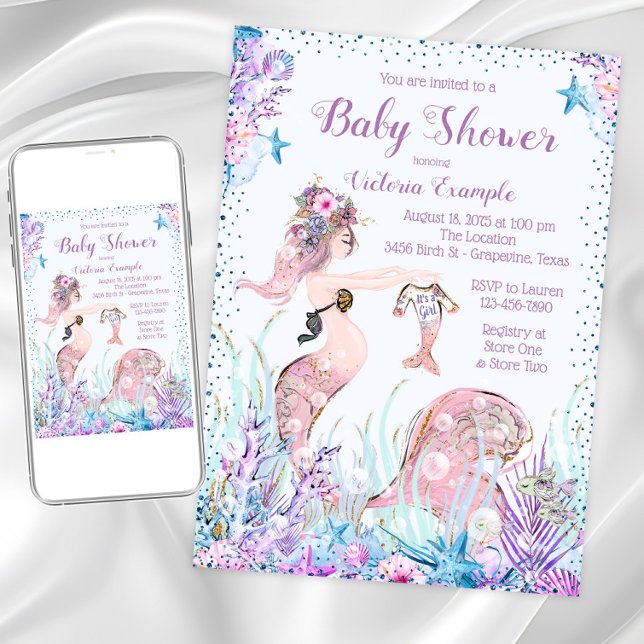 Sjöjungfru Mamma Baby Shower Inbjudningar (Cute mermom baby shower invitation. Instant download and printed invitations available.)