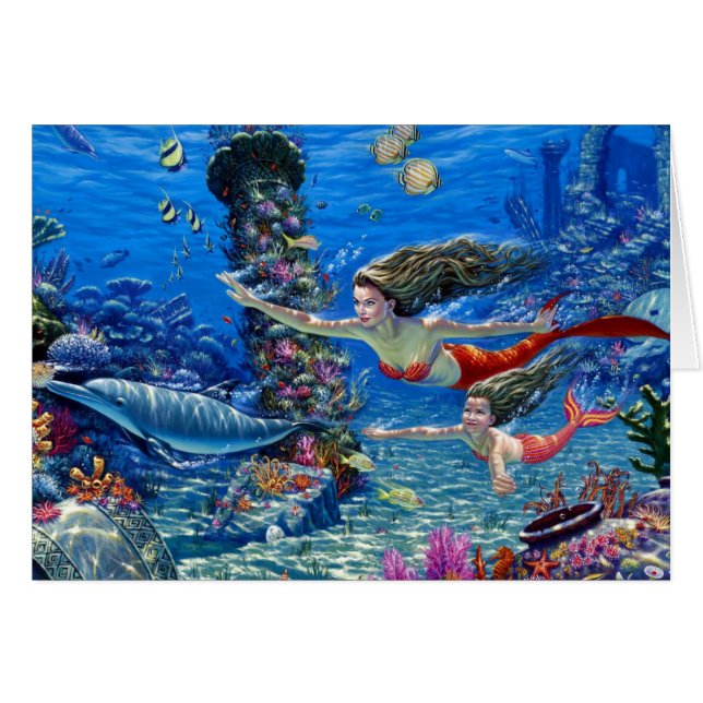 sjöjungfru mamma och baby hälsningskort (Framsidan Horizontal)