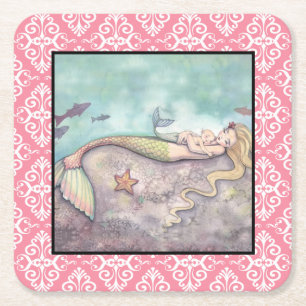 Sjöjungfru Mamma och Bebis Baby Shower Coasters Underlägg Papper Kvadrat