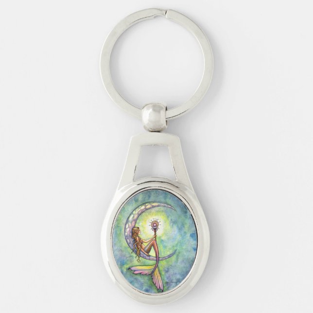 Sjöjungfru Måne Fantasy Art by Molly Harrison Ovalt Silverfärgad Nyckelring (Framsidan)