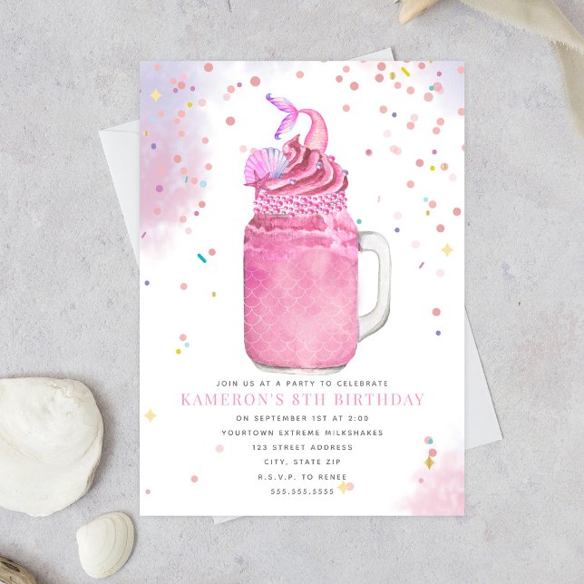 Sjöjungfru Mason Burk Rosa Milkshake Girls födelse Inbjudningar (Skapare uppladdad)