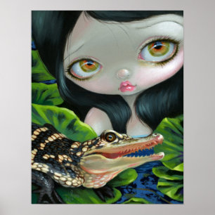 Sjöjungfru med Baby Alligator ART PRINT-stort öga Poster
