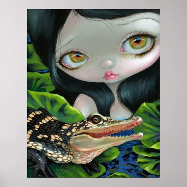 Sjöjungfru med Baby Alligator ART PRINT-stort öga Poster (Framsidan)