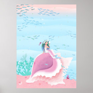 Sjöjungfru med barn under blomman krona poster